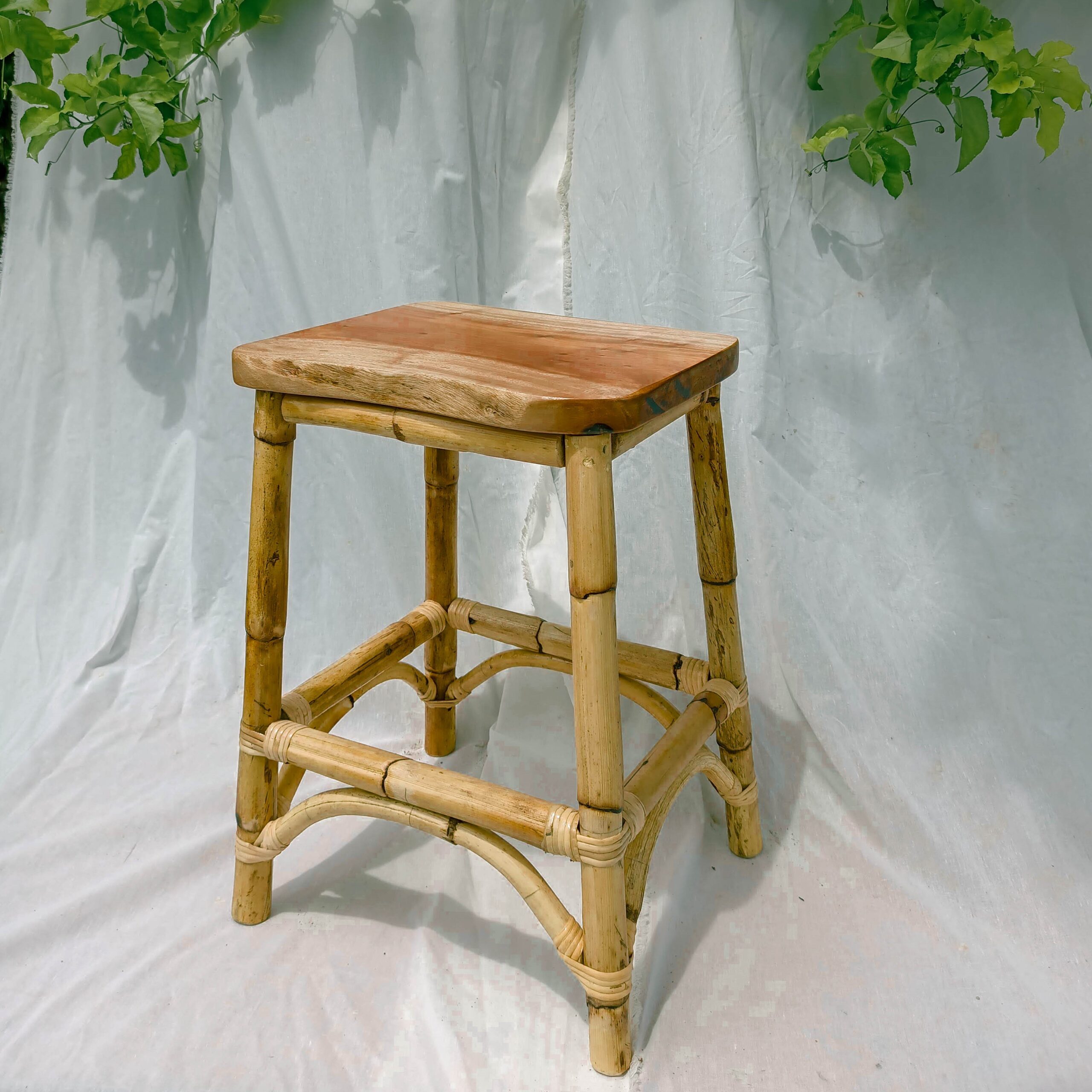 Handcrafted Solid Wood Rattan Bar Stool